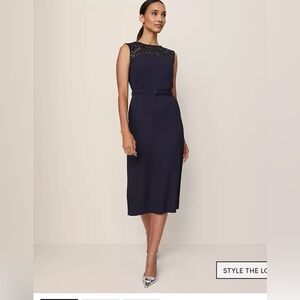 Elegant Navy Lace Dress (Lace Trim Satin Midi Dress)